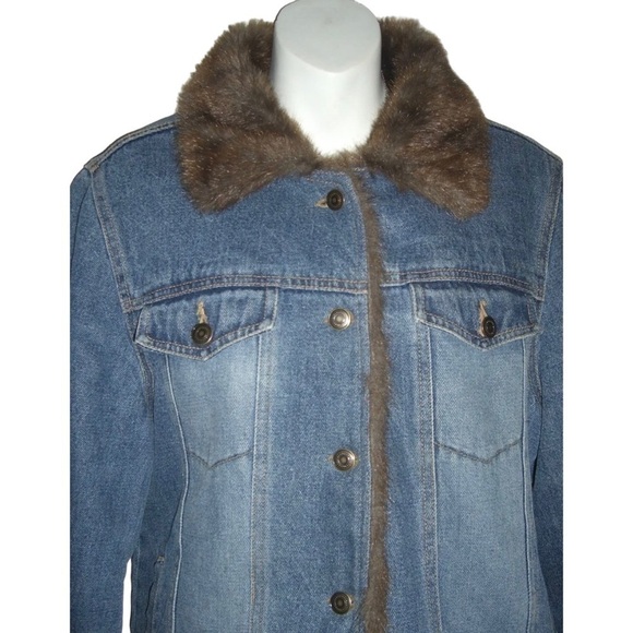 Vintage 90's Denim Jacket Faux Fur Penny Lane Fully Lined y2k Jean Coat Boho L - Picture 11 of 16